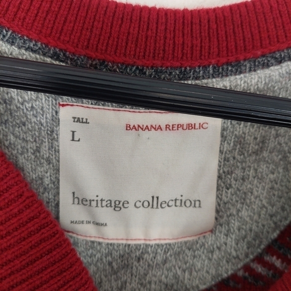 Banana Republic Button V Neck Knit Sweater Red Grey Striped Wool Blend Mens Sz L - Picture 6 of 9